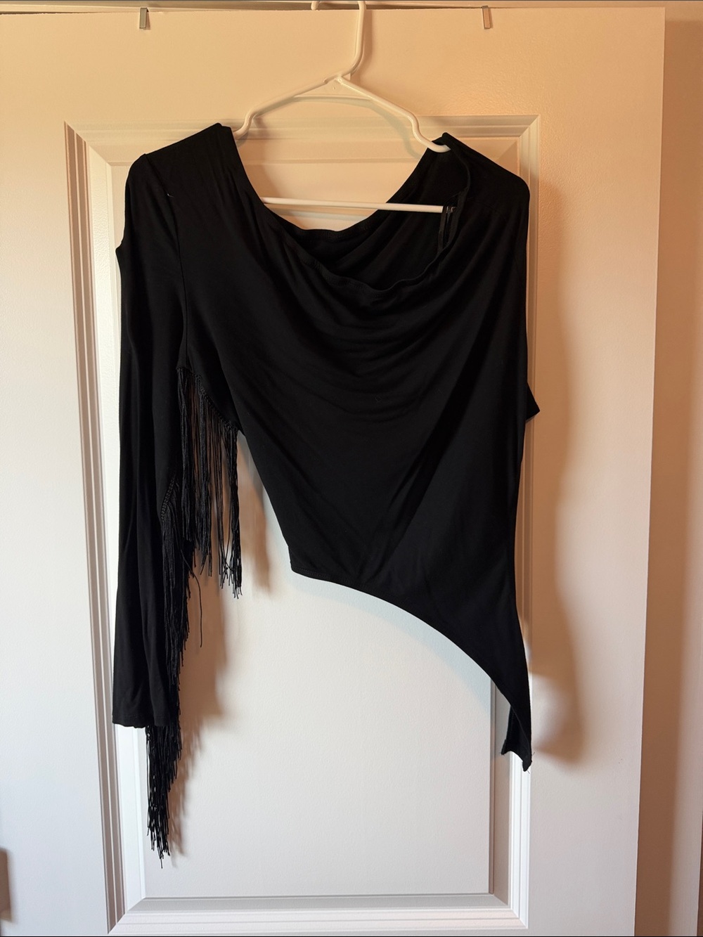 Black Asymmetric One-Shoulder Fringe Top